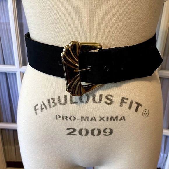 Black Grosgrain Fabric Covered Belt with Gold Buckle 2" Wide 28-32" Length L - Picture 1 of 2